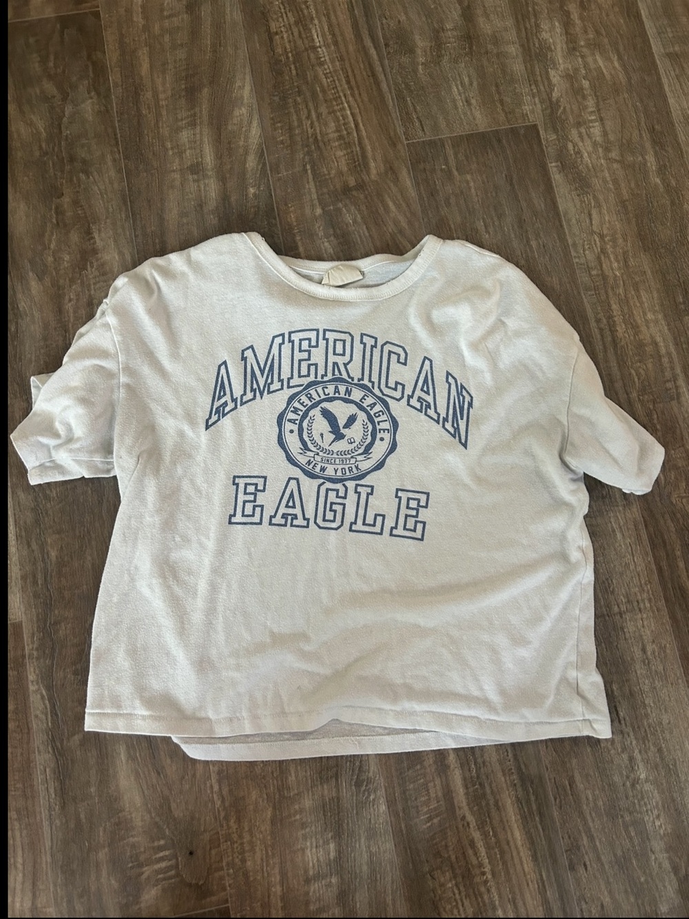 American Eagle White Tee with Blue Brand Text and Red Logo Tag